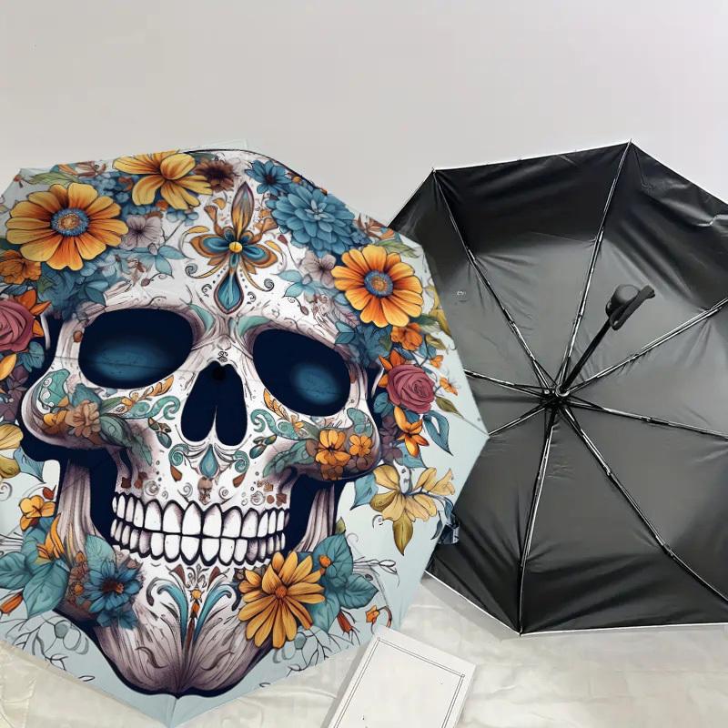 1pc Day of the Dead Floral Skull Umbrella with Plastic Handle,Suitable for All Seasons Home Travel Outdoor UmbrellaDD1574