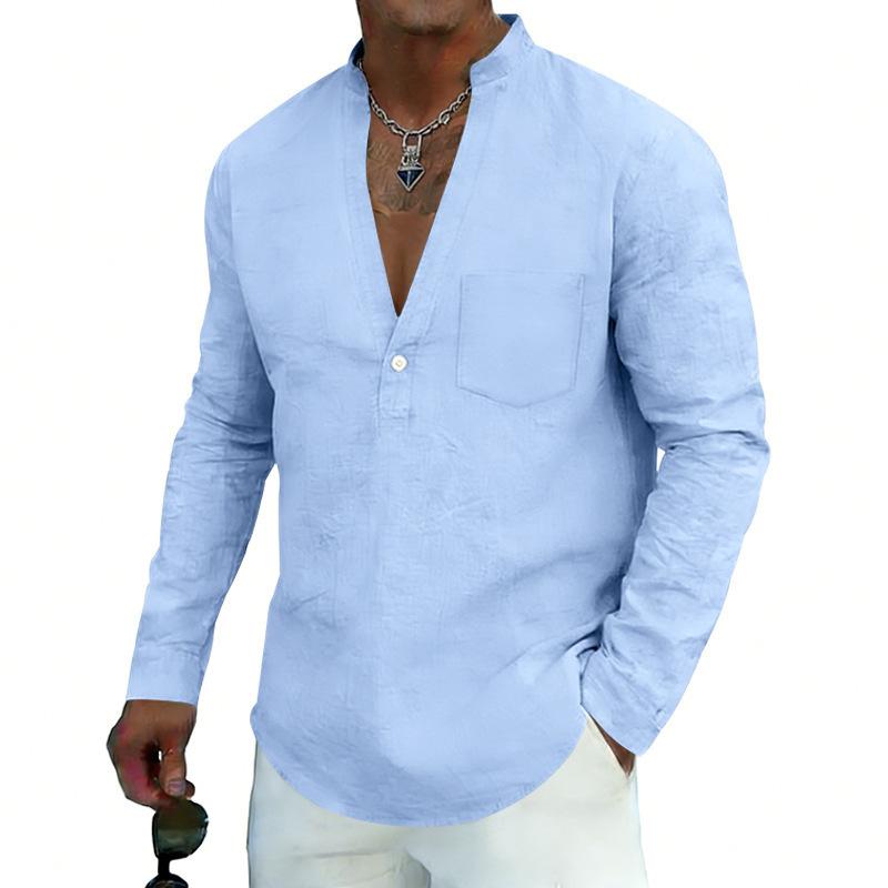 Loose-fit, breathable men’s casual linen shirt with a wide V-neck and a stand-up collar, ideal for outdoor wear