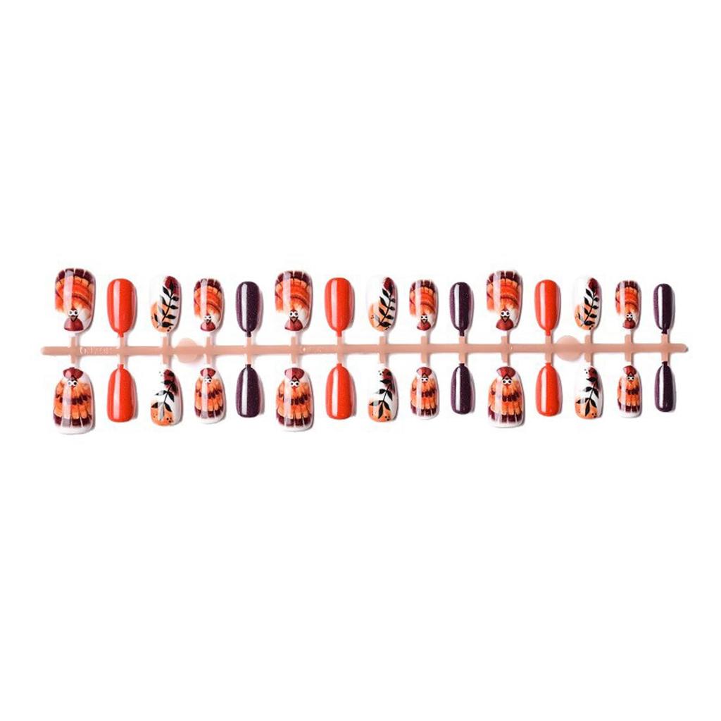 30Pcs Cute Turkey Press on Nails Short Oval Fake Nails Thanksgiving False Nails Turkey Straw Designs Stick on Nail Fall Leaf Acrylic Nail Orange