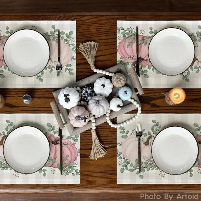 Fall Thanksgiving Table Mats Set of 4 Fall Pumpkin Maple Leaves Buffalo Plaid Placemats Seasonal Holiday Thanksgiving Placemats