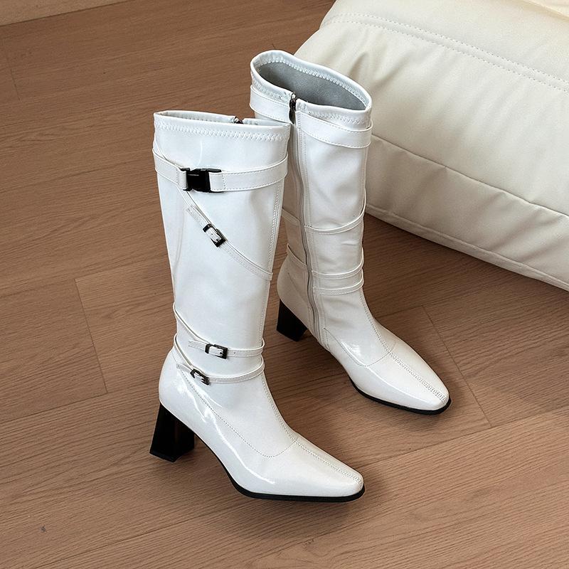 Fashion Comemore Retro Belt Buckle Women's Boots Autumn and Winter Fashion Pointed Leather Shoes for Women Thick High Heel Knight Botas