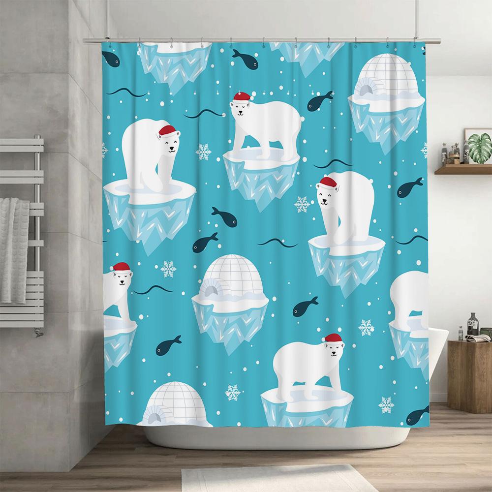 Weihnachtsedition Duschvorhang Blau Eisbären Eisberge Muster, Niedliche Badezimmer Dekoration Für Weihnachtsgeschenkideen Kostenloser Versand