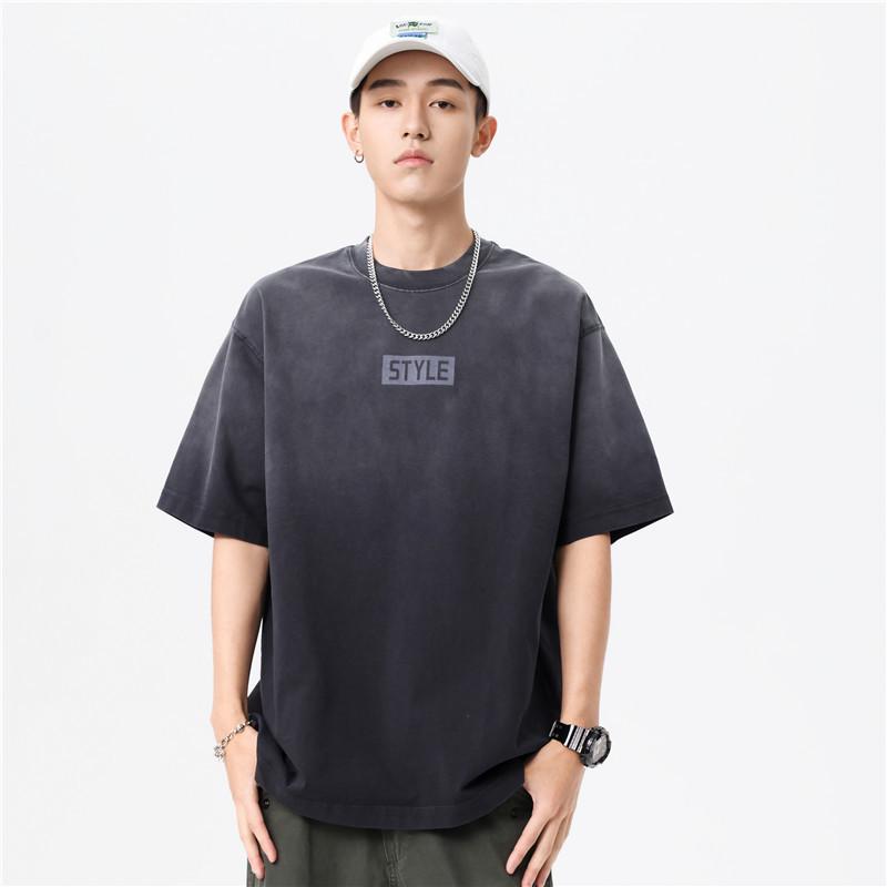 Men's Trendy Gradient Wash Short-Sleeve Letter Print T-Shirt - Loose Fit, Plus Size, Summer Style
