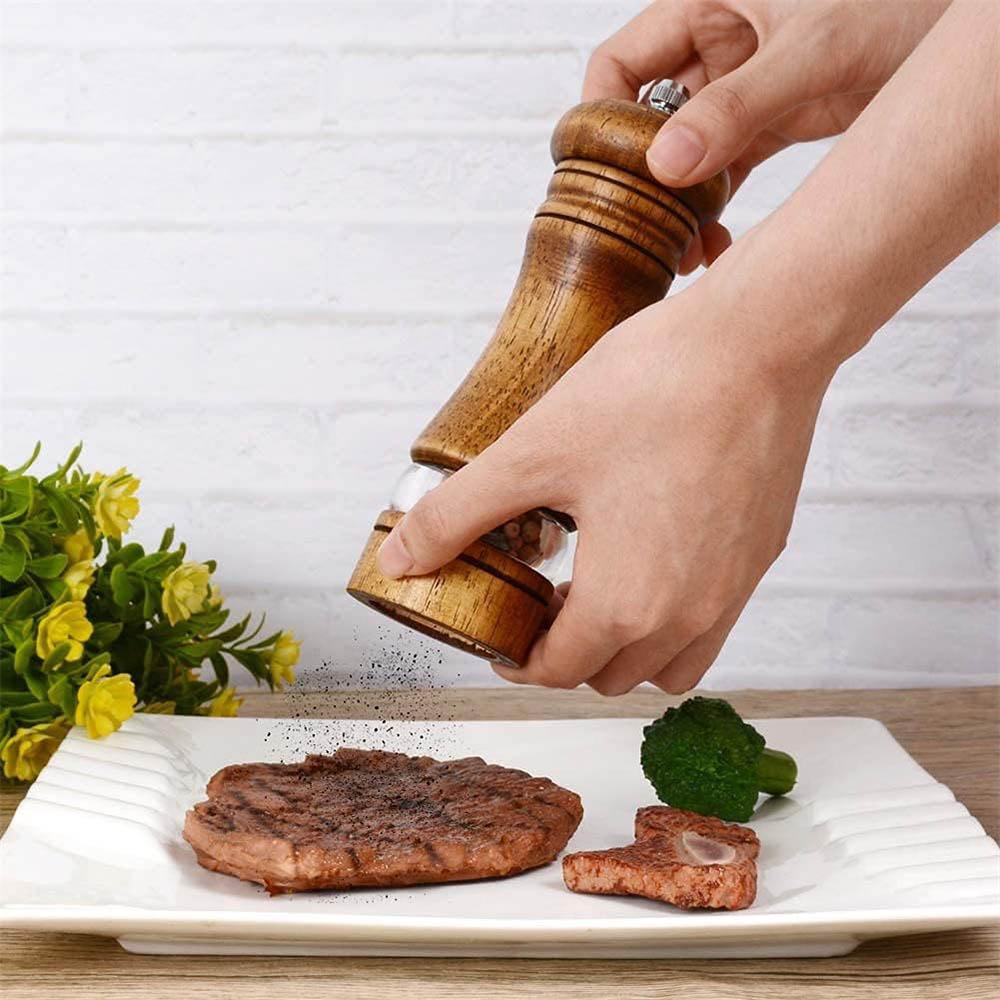 Wood Salt and Pepper Grinder Set, Manual Mills with Acrylic Window, Adjustable Ceramic Grinding - 6.5inch