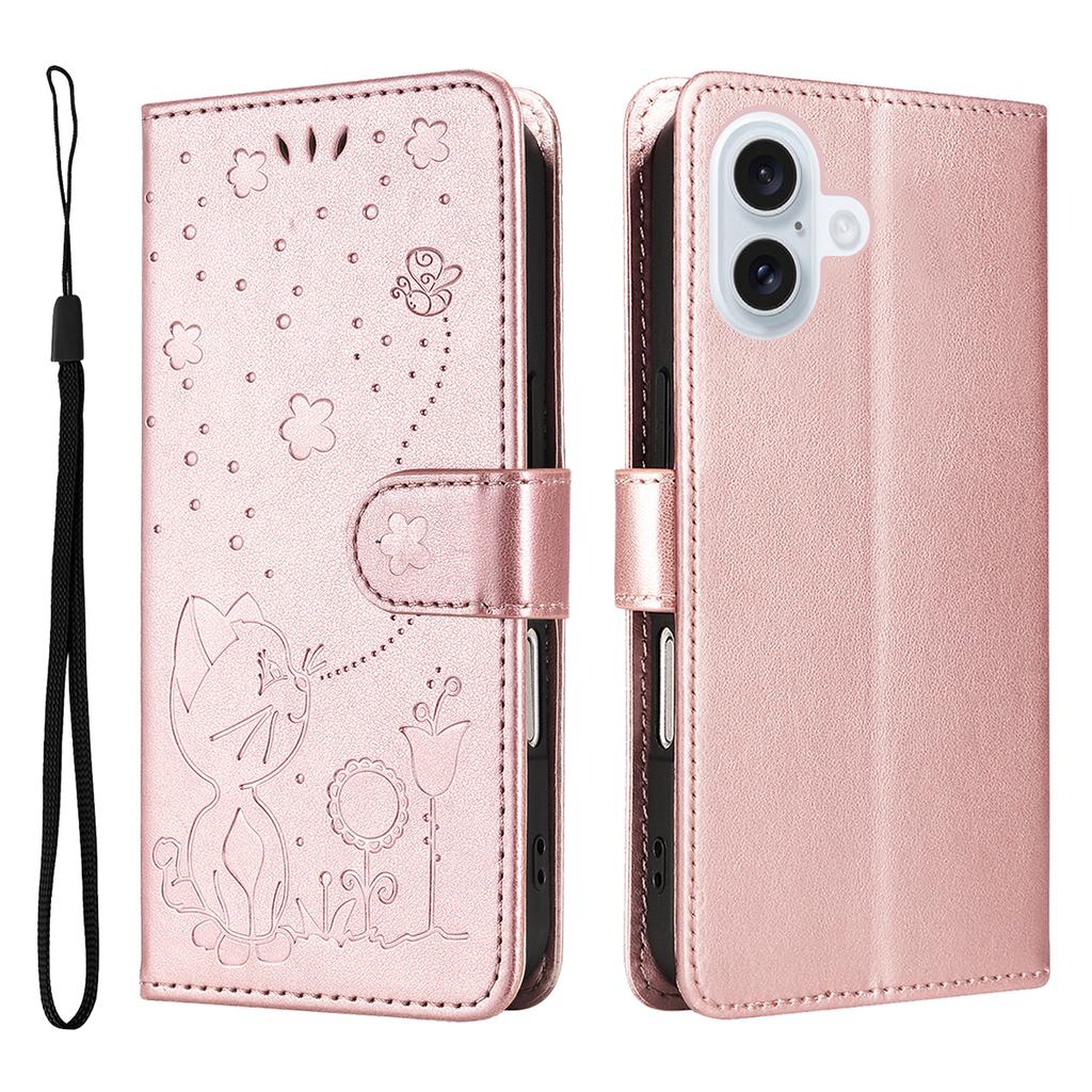 For iPhone 17 Leather Wallet Case Cat Bee Pattern Phone Cover Stand