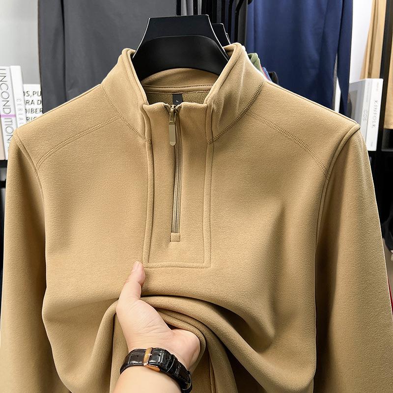 2025 Autumn/Winter Men's Solid Color Half-Zip Windproof Stand Collar Fleece Hoodie