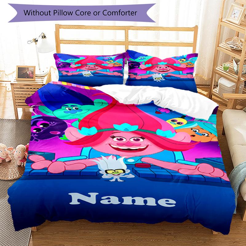 3pcs Custom Name Trolls Bedding Set Duvet Cover Closure Includes 1 Duvet Cover & 2 Pillowcases, Soft and Comfortable for All Seasons.