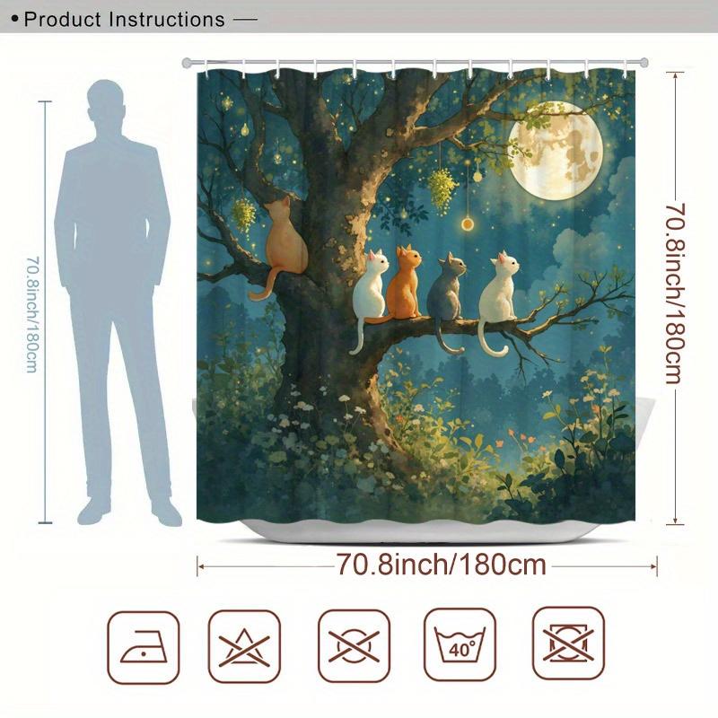 

Enchanted Cat Tree Shower Curtain - Dreamy Watercolor Moonlit Night, 4 Colorful Cats, Magical Ambiance, Polyester, 70.8X70.8 W60H190(CM)-1 Pcs