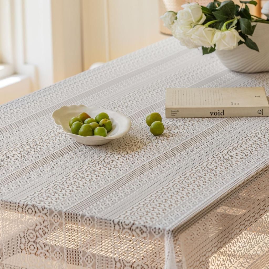 Embroidered Crochet Lace Tablecloth with Tassels - Polyester Blend Rectangular Cover for Kitchen Dining Party Decor, Knit Fabric Weave, White