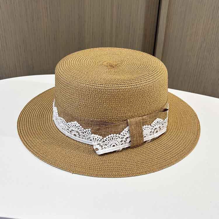 

Summer Flat Top Straw Hat Lace Bow Sunscreen Hat Fashionable Retro Seaside Vacation Sunshade Hat One Size хаки