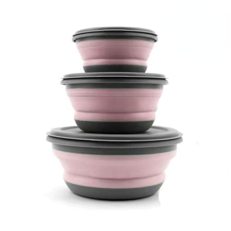 

3Pcs Складная миска для кемпинга Набор портативных силиконовых кухонных контейнеров для путешествий на открытом воздухе розовый