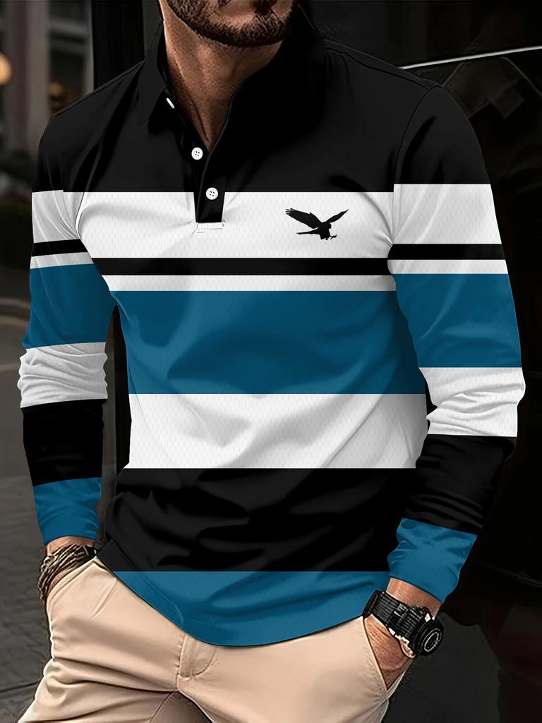 Herren-Polohemd mit langen Ärmeln und Streifen für den ganzen Winter, atmungsaktives Freizeit-Oberteil, schmal und figurbetont, schnelltrocknender Kragen, klassisches Polohemd