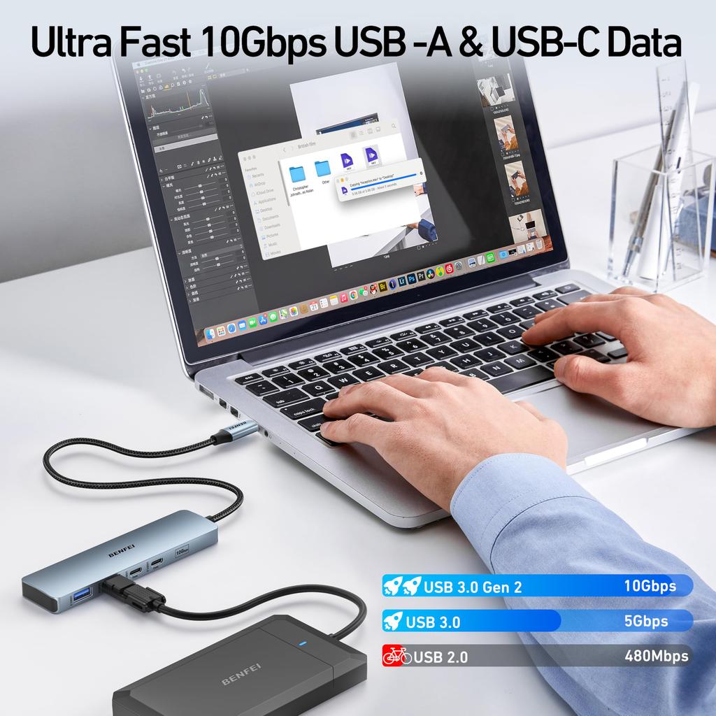 BENFEI USB C Hub HDMI Supported 100W High Speed Charging 10Gbps High Speed Transfer 2 X 2 X 2 Silicone Cable Aluminum Case Included Compatible with a