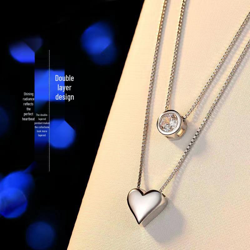 S925 Sterling Silver Heart Pendant Double Layer Necklace for Women - Versatile Clavicle Chain Gift