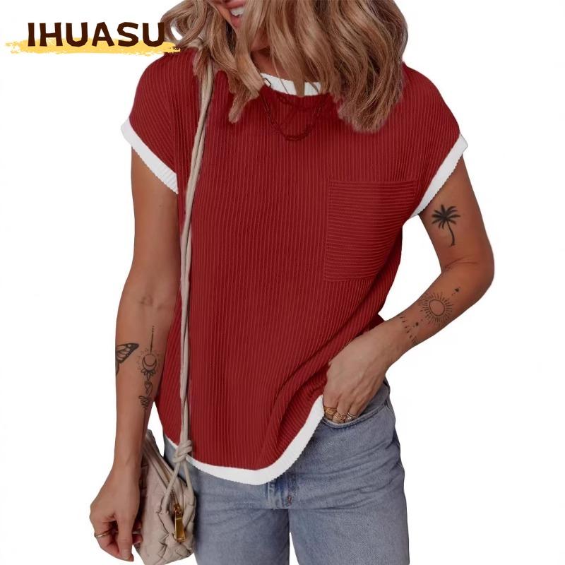 IHUASU Women's Fashion Casual Short Sleeve O-Neck Blouses & Shirts