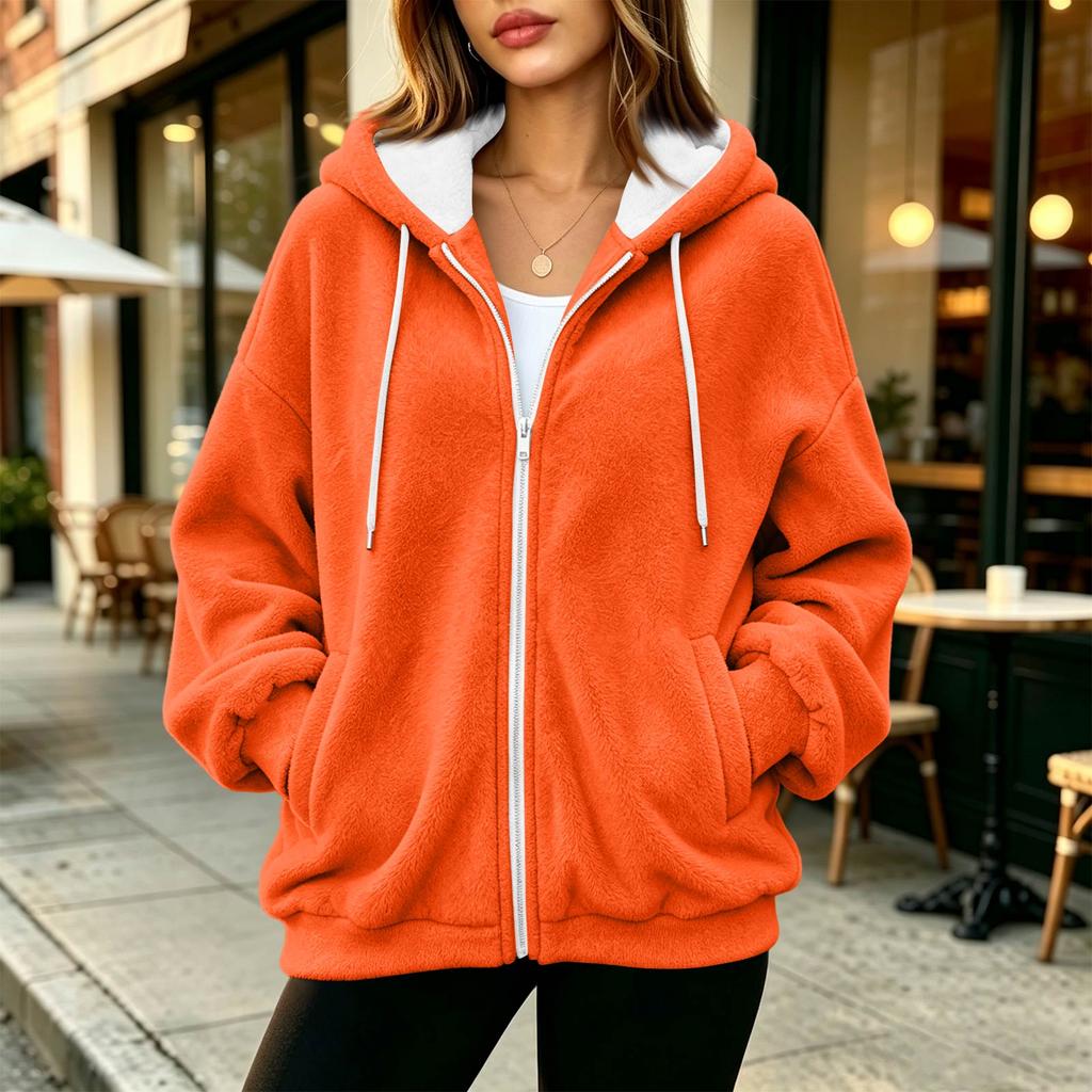 Sweat à capuche zippé pour femme, manches longues, coupe ample, veste décontractée de couleur
