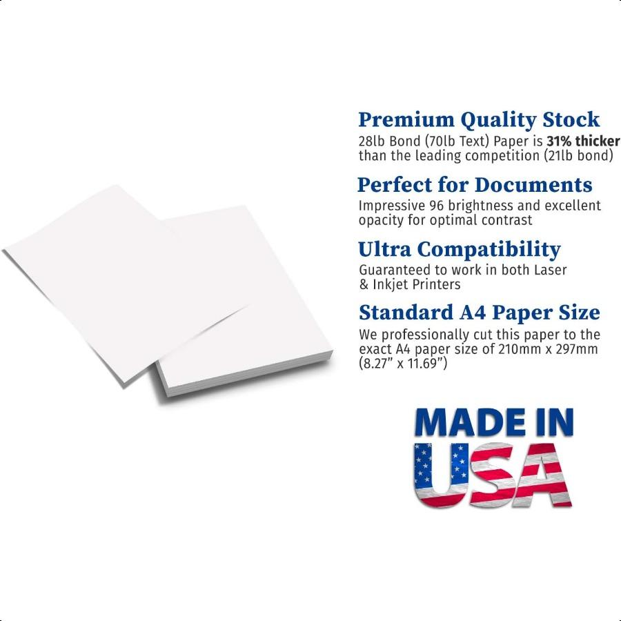 

Бумага для принтера премиум-класса A4 8,3 x 11,7 28lb Bond 70lb Text (105 г/м²) Ярко-белая бумага (100 листов) United States