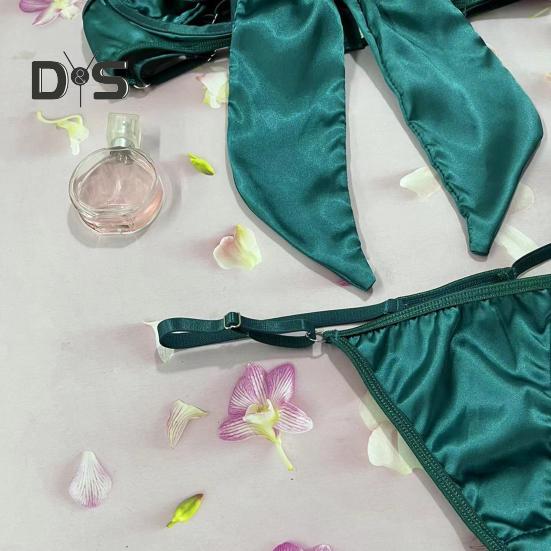 1 Set Women Bra Panties Thigh Ring Set Bow-knot Decor Sleeveless Backless Low-cut Pornographic Romantic Night Nightie Bra Briefs Set Wedding Night