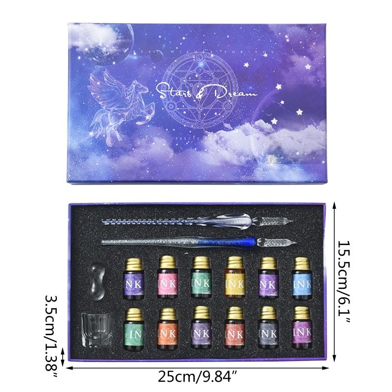 Verloopglazen Dip pennen met Inkt Cadeauset met 12 Goudpoeder Inkten Reinigingsbeker Pennenhouder voor Schrijver Kunstenaar Student Kind