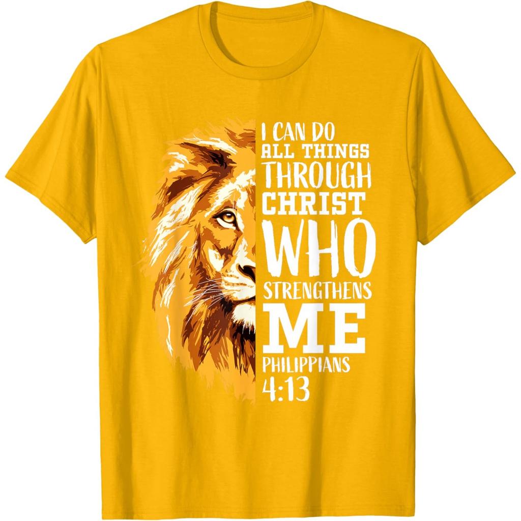 Lion Faith Graphic Tee Philippians 4 13 Christian Bible Verse Mens Cotton Tshirt