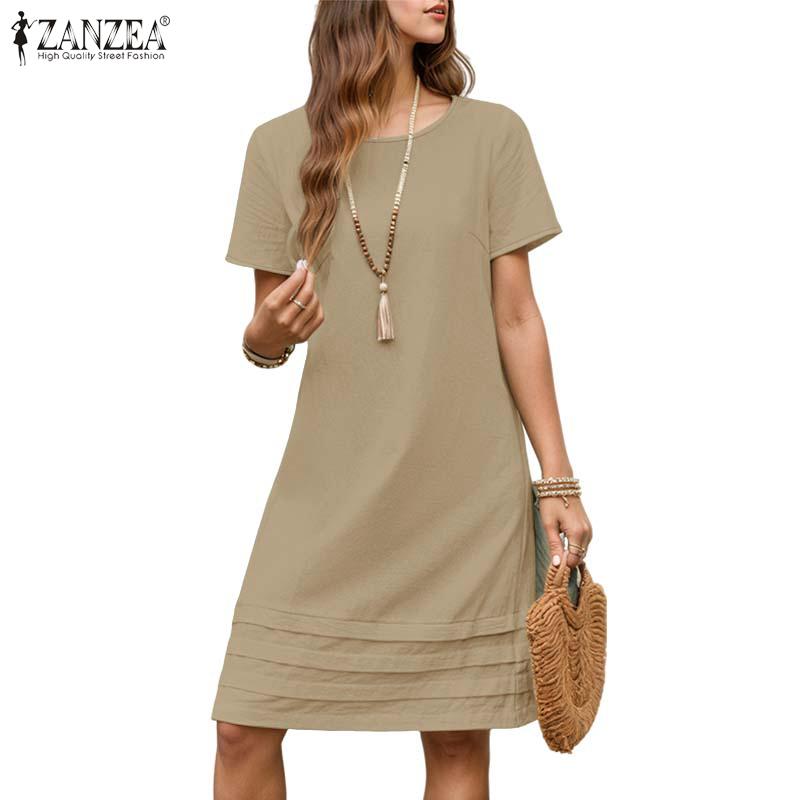 ZANZEA Women Casual Round Neck Solid Color Summer Short Sleeve Dress