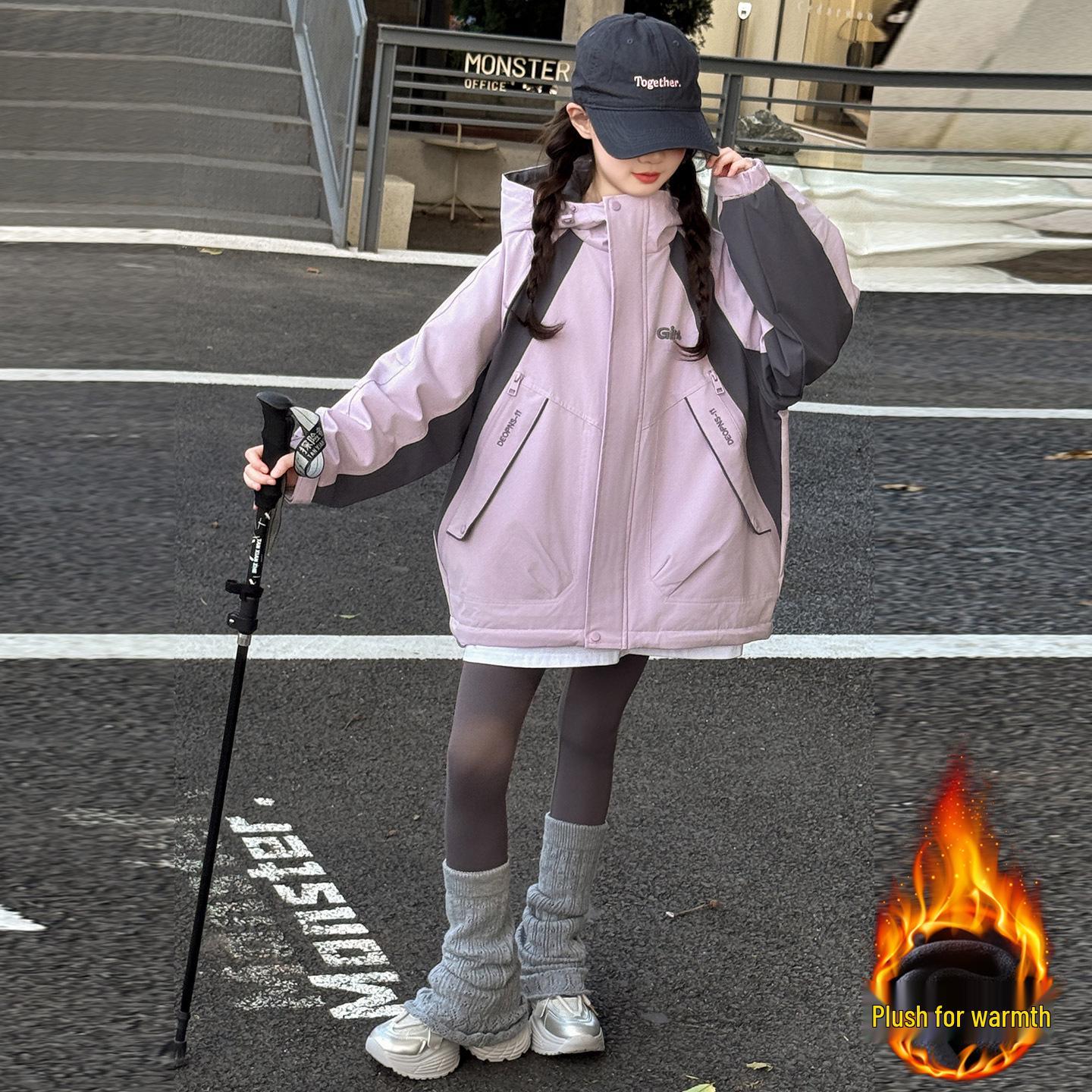 

2025 Girls Fleece-Lined Stylish Winter Coat - Thickened Parka for Autumn 120cm фіолетовий