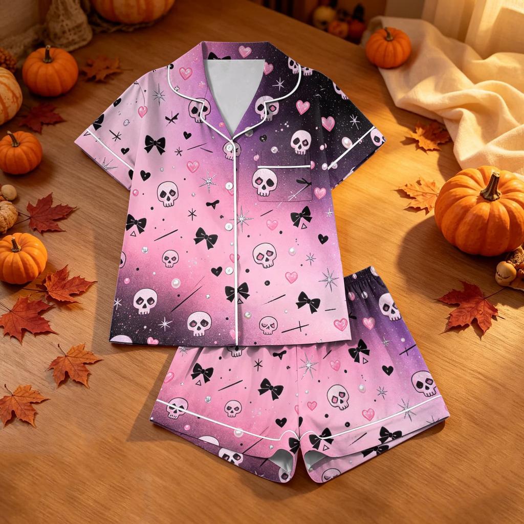 Damen Halloween Pyjama Set 2-teilig Bedruckte Nachtwäsche für lässigen Komfort