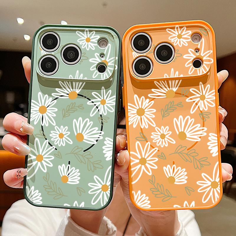 White Line Flowers Magnetic Phone Case For iPhone 17 Pro Max 16 15 14 13 Pro Max For Magsafe Wireless Charge TPU PC Back Cover
