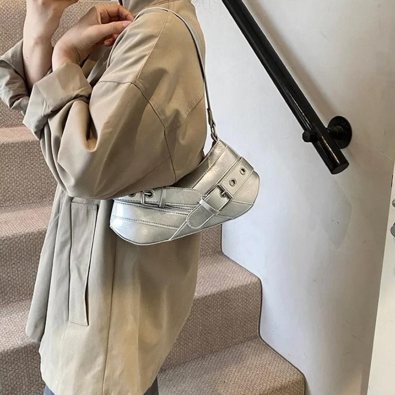 Y2K Cool Hot Girls Shoulder Tote Bags Vintage Pu Leather Ladies Underarm Bag Thread Design Female Small Purse Handbags