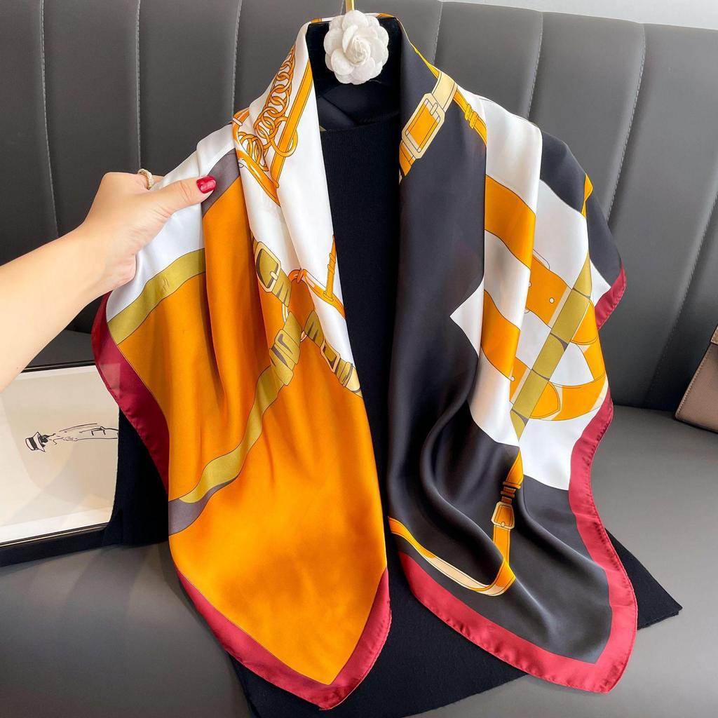 Women's Retro Fashion Mulberry Silk Feel Square Scarf - Summer Faux Satin, Sun Protection, 90cm
