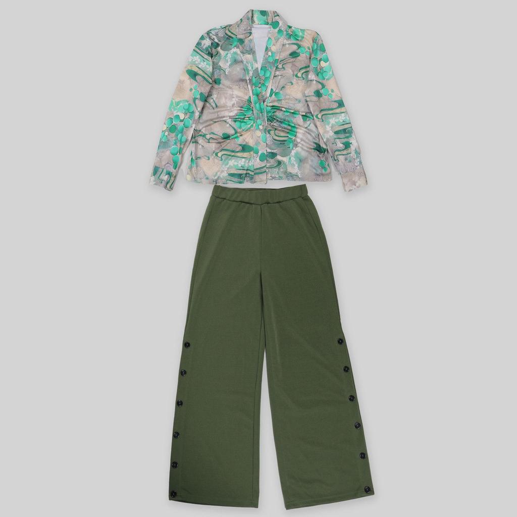 European & American V-neck Shirt and Wide-leg Pants Set