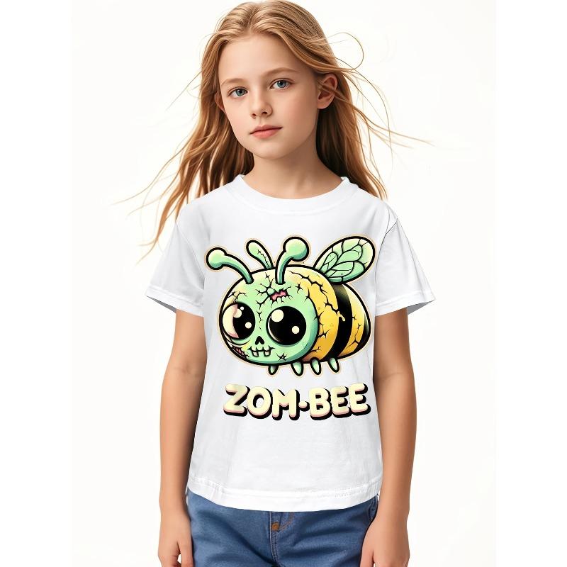 Children Crew Neck Short Sleeve T-Shirt with Cartoon Zombie Bee Print