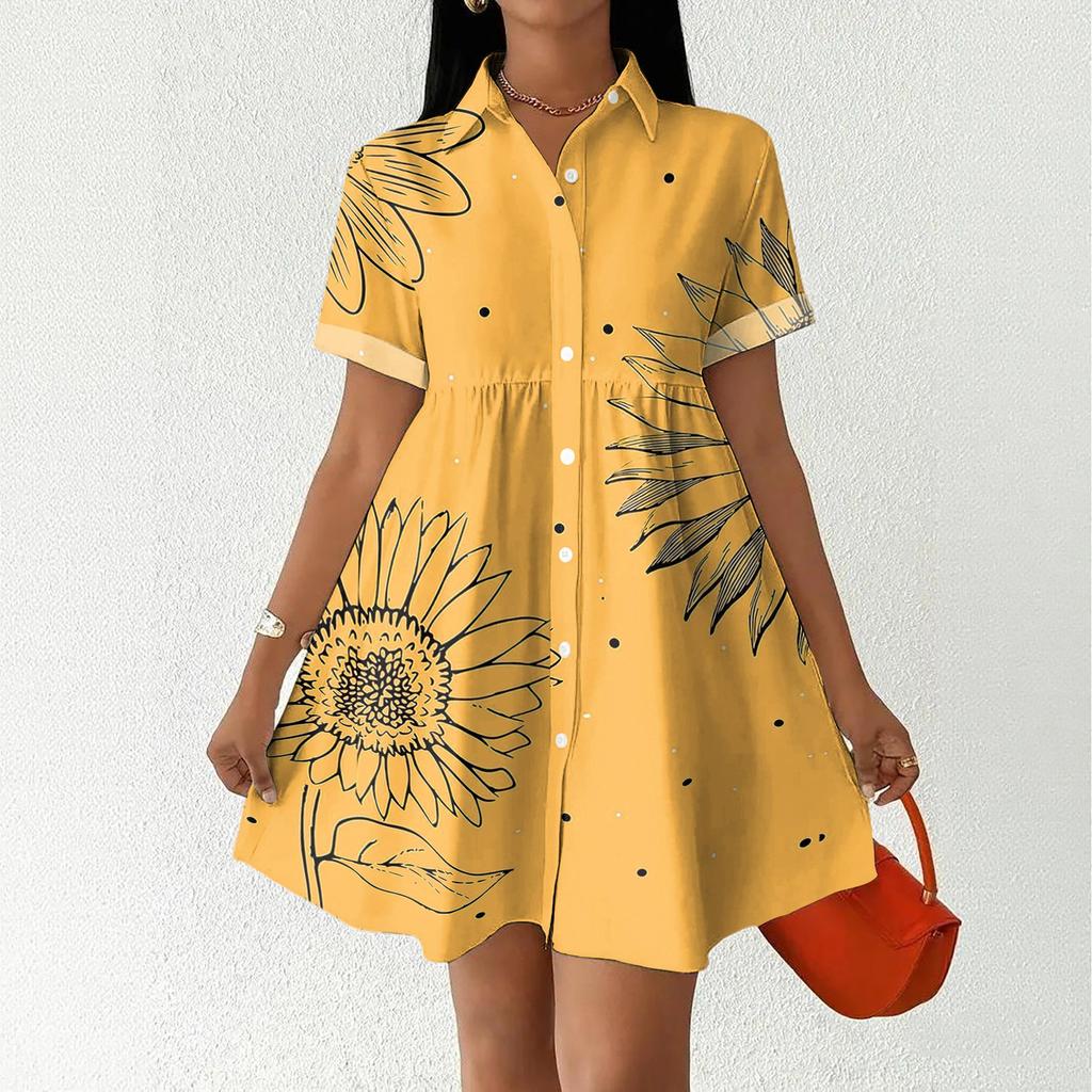 Women's Casual Loose Fit Shirt Dress Button Front Stand Collar Short Sleeve Polka Dot Patterned Dress for Everyday Wear