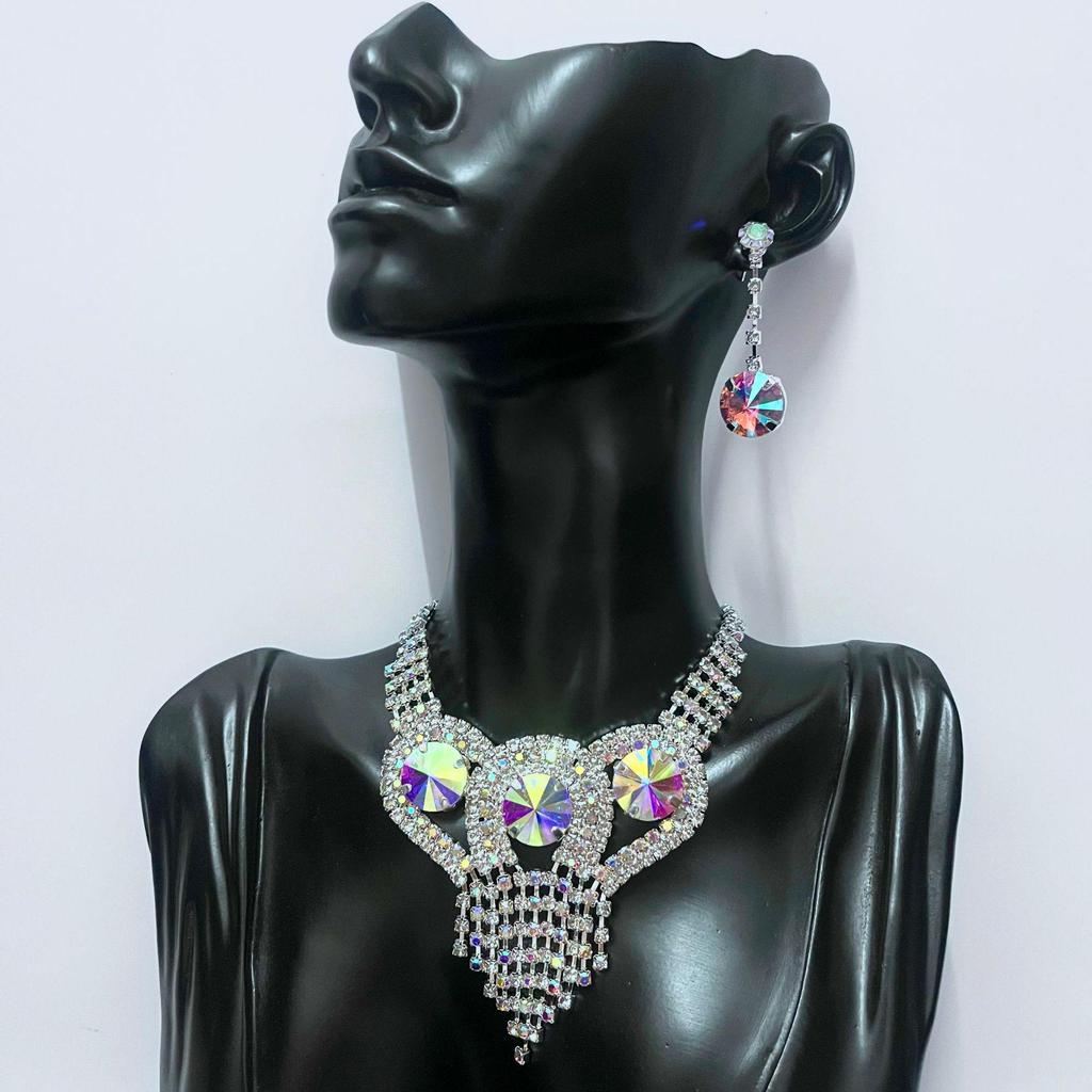 Sparkly Rhinestone Tassel Necklace & Earrings Set for Women - Elegant, Trendy, Versatile