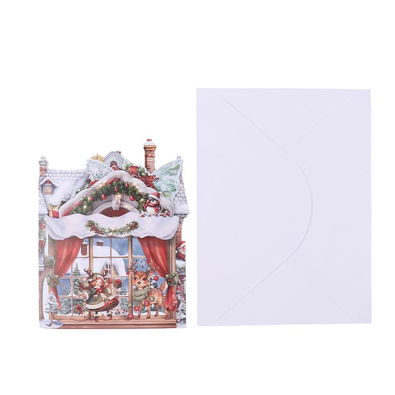 3D Julkort Julaftons Scen Med Jultomten, Flicka, Snöig By Festligt Julhälsningskort