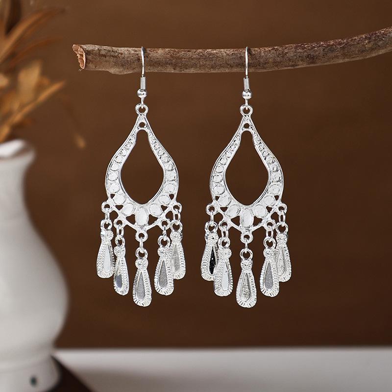 Ethnic Miao Silver Tassel Earrings - Retro Long Dangle Scenic Studs for Women
