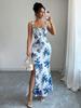 Women's Spaghetti Strap Printed Maxi Dress with Slit - Elegant Spring/Summer Evening & Vacation Attire