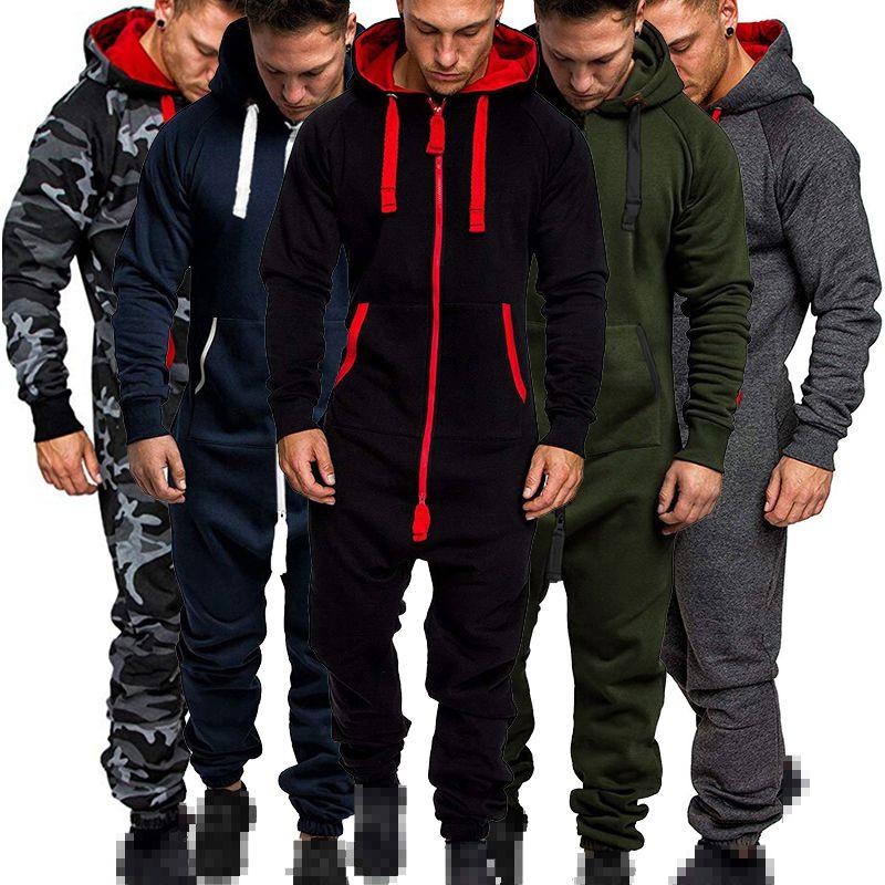 Hooded Men's Long Sleeve Camouflage Onesie Jumpsuit For Casual Wear**