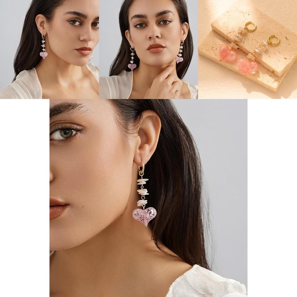 Elegant Pink Heart Shaped Earrings With Imitation Pearls Long Dangle Earrings For Women