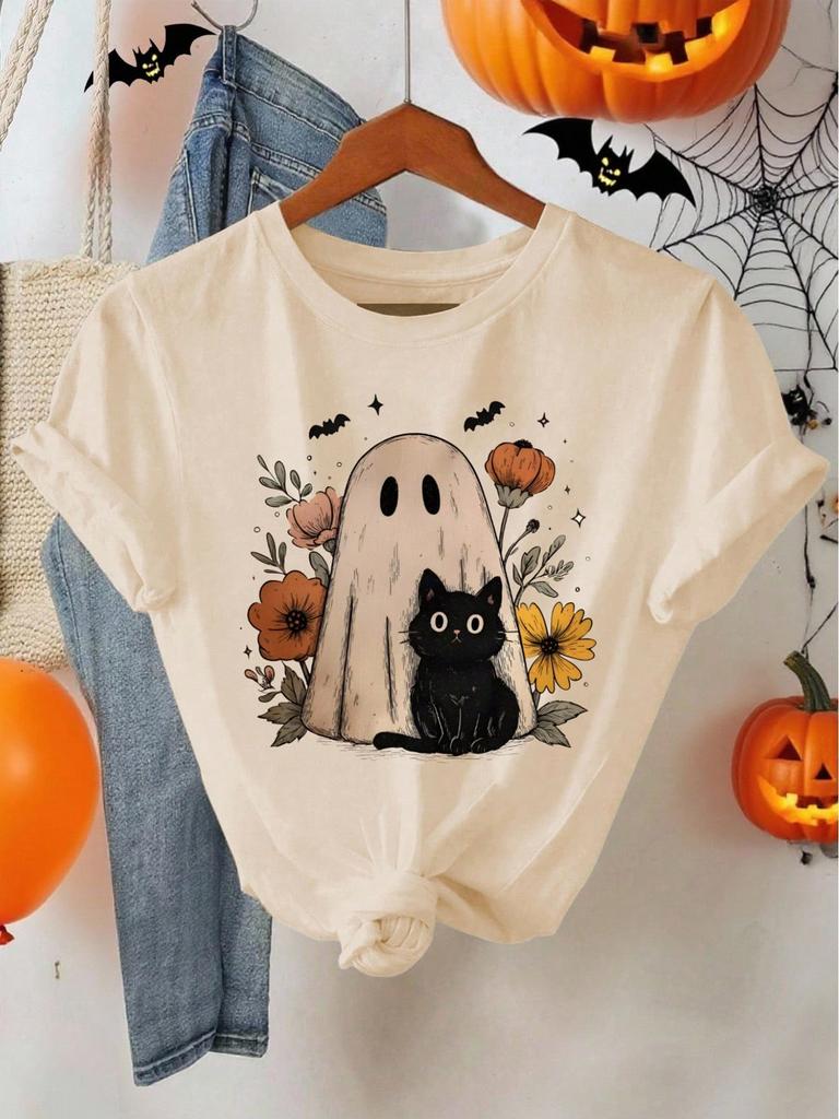Halloween Cartoon Graphic Tops Tees Cute Floral Ghost Pattern Fit Round Neck Short Sleeve T-Shirt for Women Casual Clothing