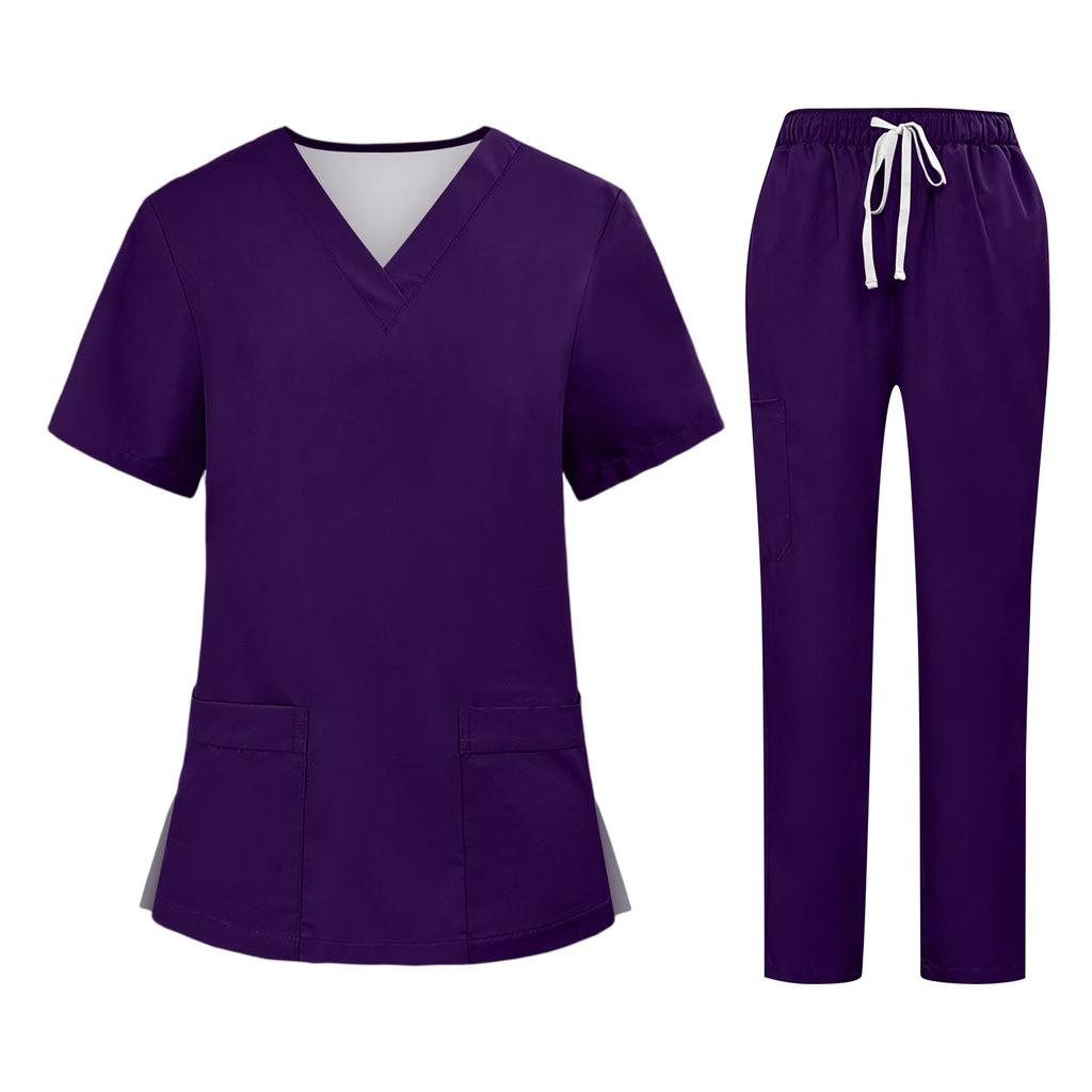Soild Scrub Arbeitsuniform Anzug für Damen Kreuz V-Ausschnitt Kurzarm Fun T-Shirts Arbeitskleidung T-Shirt mit Taschen