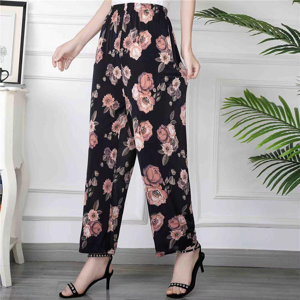 Chinese Summer Ice Silk High-Waist Floral Pants: Casual, Loose-Fit for Middle-Aged & Elderly Women