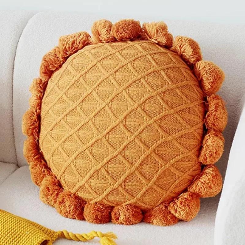 Home Decoration Knitting Cushion Cover Mint Green Tassel Pillowcover Modern Sofa Living Room Waist Pillow Bed Head Round Pillow
