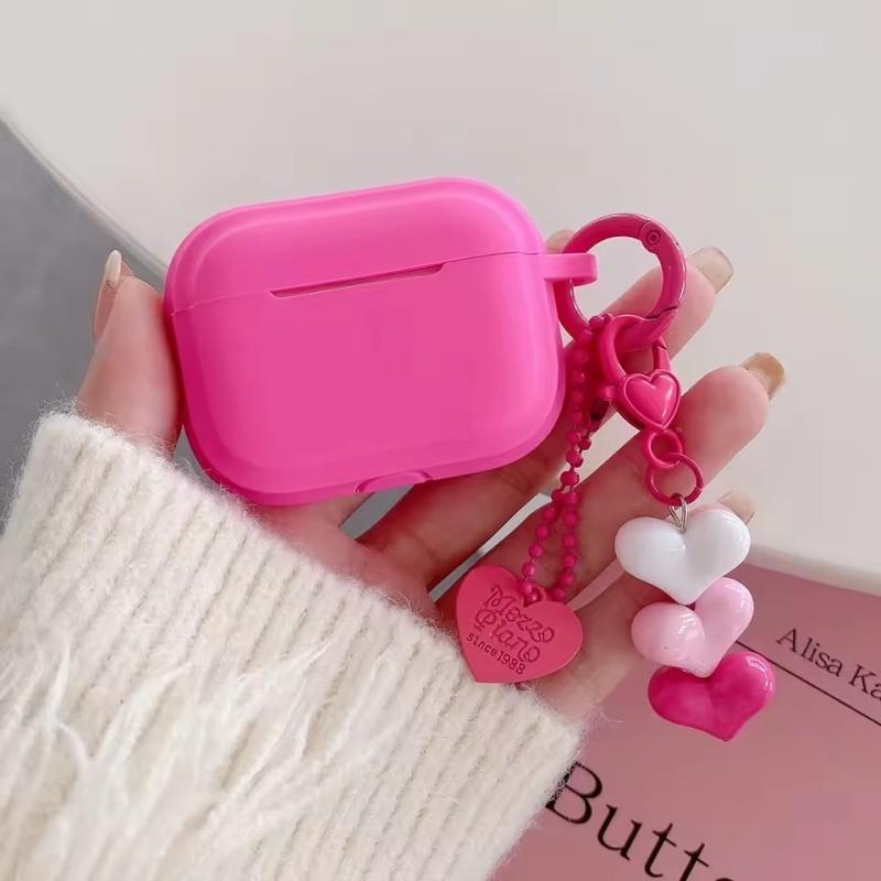 

Silicone Pink Heart Pendant Earphone Case for Apple AirPods 1/2 3 4 Pro AirPod Cute Square Headset Protective Cover Love Keyring AirPods 1/2