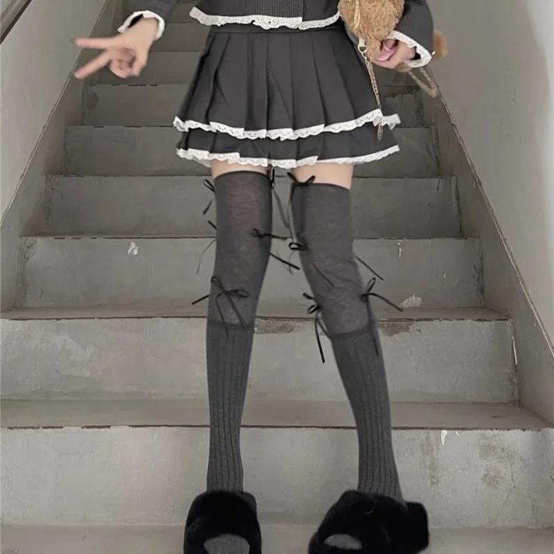 Einfarbig Spitzen Schleife Oberschenkelhohe Strümpfe Damen Trendy Lässig Über dem Knie Lange Socke Thermisch Warm Baumwolle Hoher Schlauch Leggings