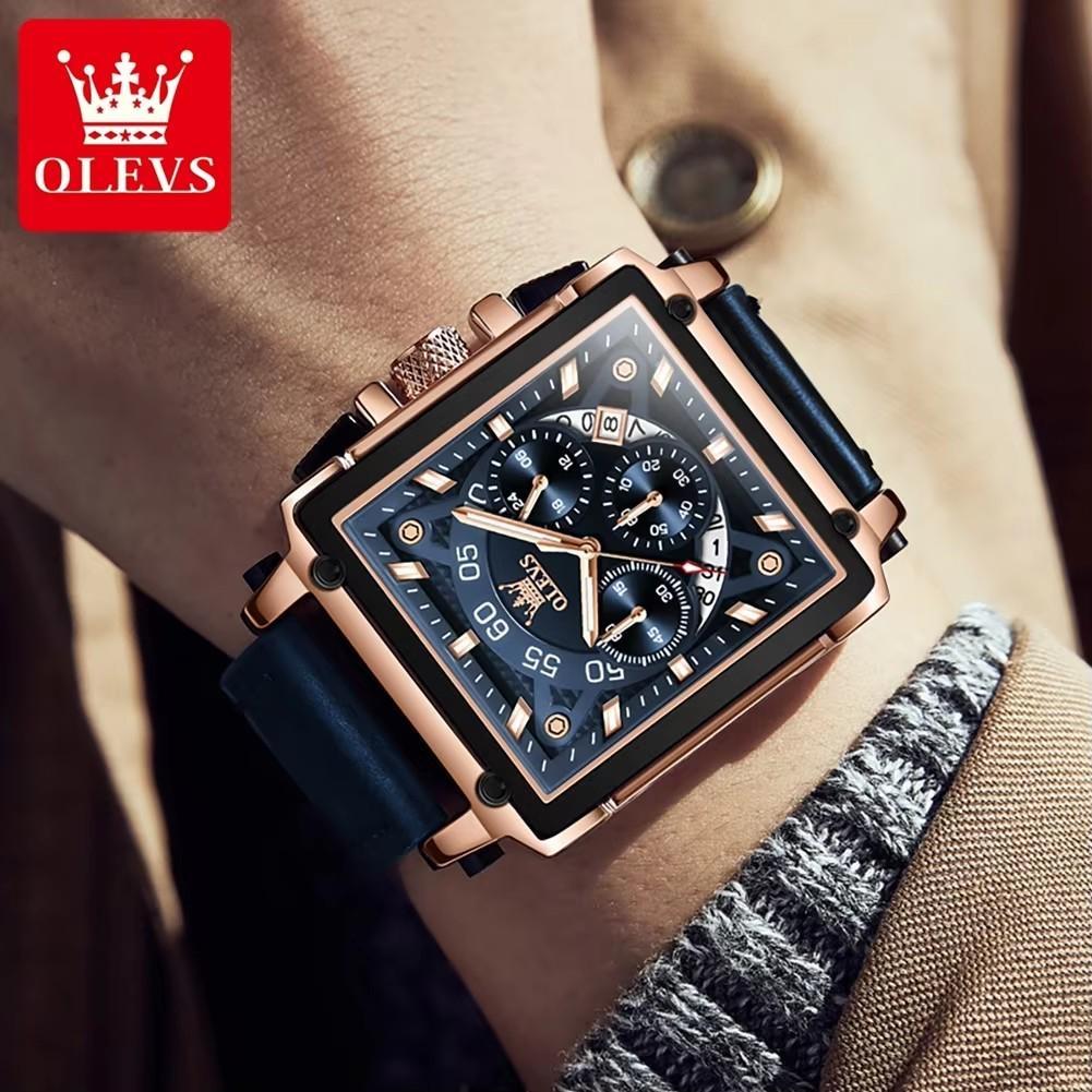 Top Brand Luxury Mens Watches Fashion Blue Square Quartz Watch for Men Sport Leather Strap Chronograph Wristwatches