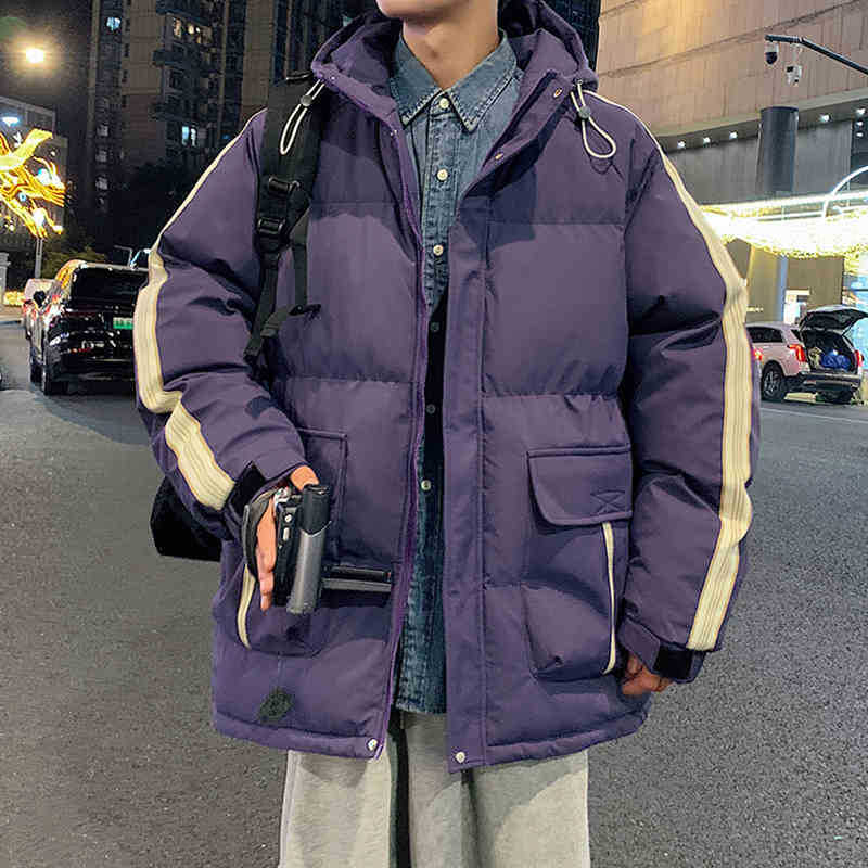 Side Striped Down Cotton Jacket for Men In Autumn and Winter Plus Velvet Thickened Workwear Large Pocket Cotton Jacket