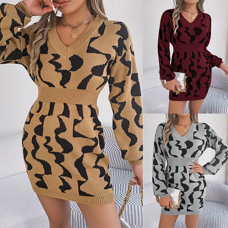 

Женское европейское платье-свитер с v-образным вырезом и длинными рукавами на талии, новое зимнее платье-свитер с блокировкой цвета