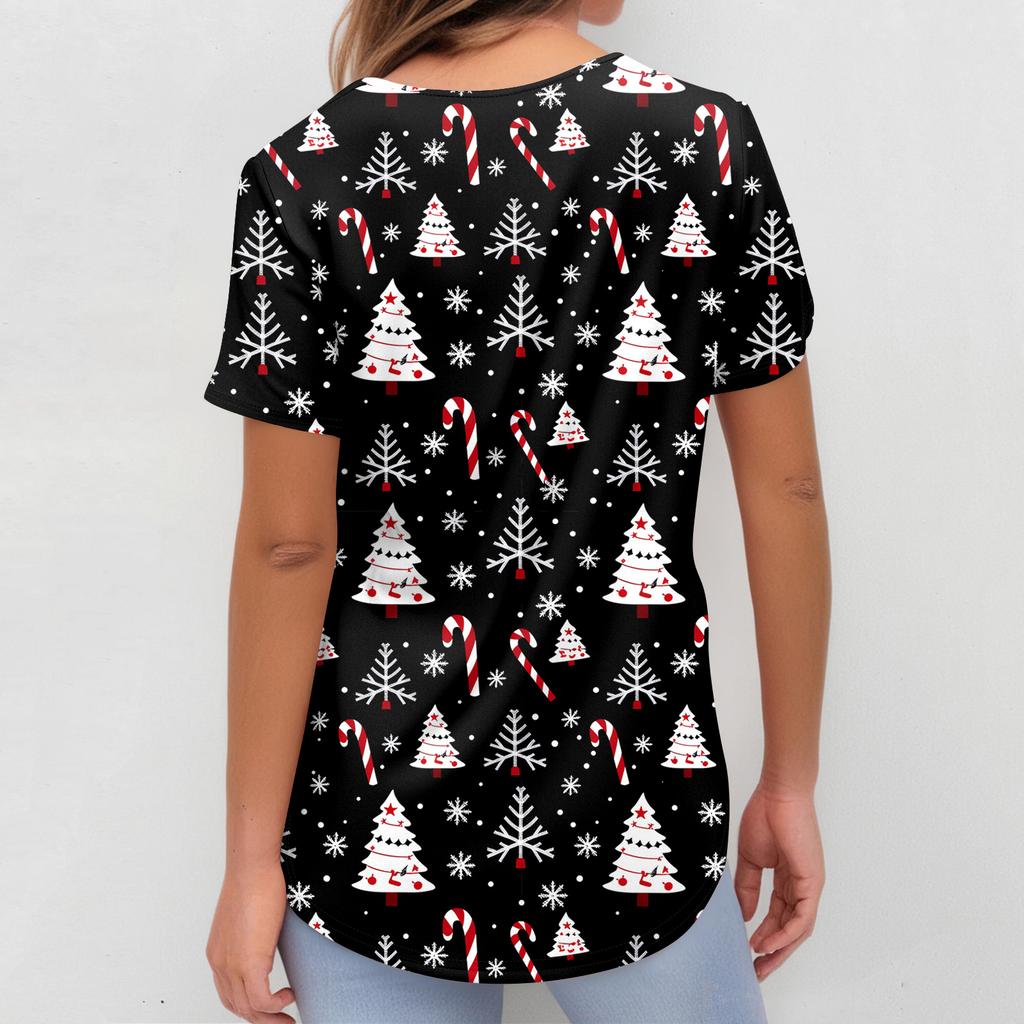 Women's Fashion Short Sleeve Christmas Print V-Neck Pocket Workwear Tops