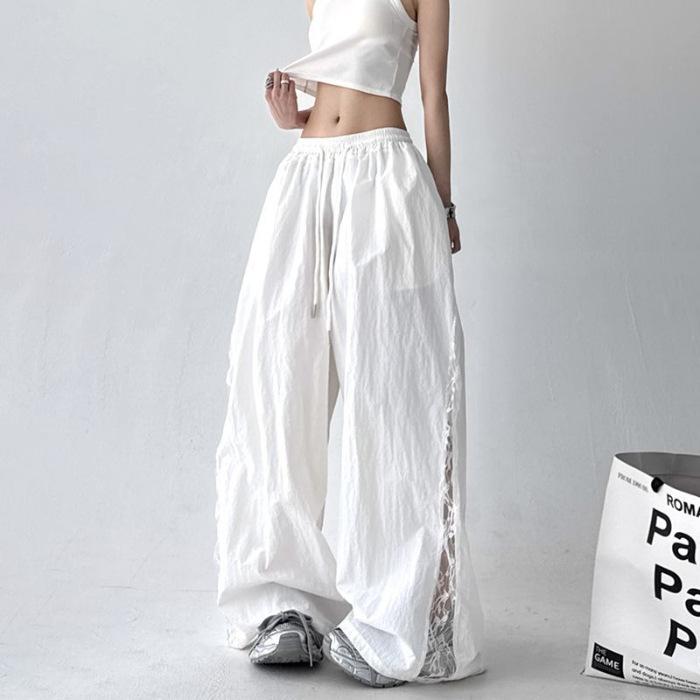 

Autumn and summer new wide-leg pants women s Korean version of fashion versatile high-waisted thin lace high-waisted casual pants 4XL білий